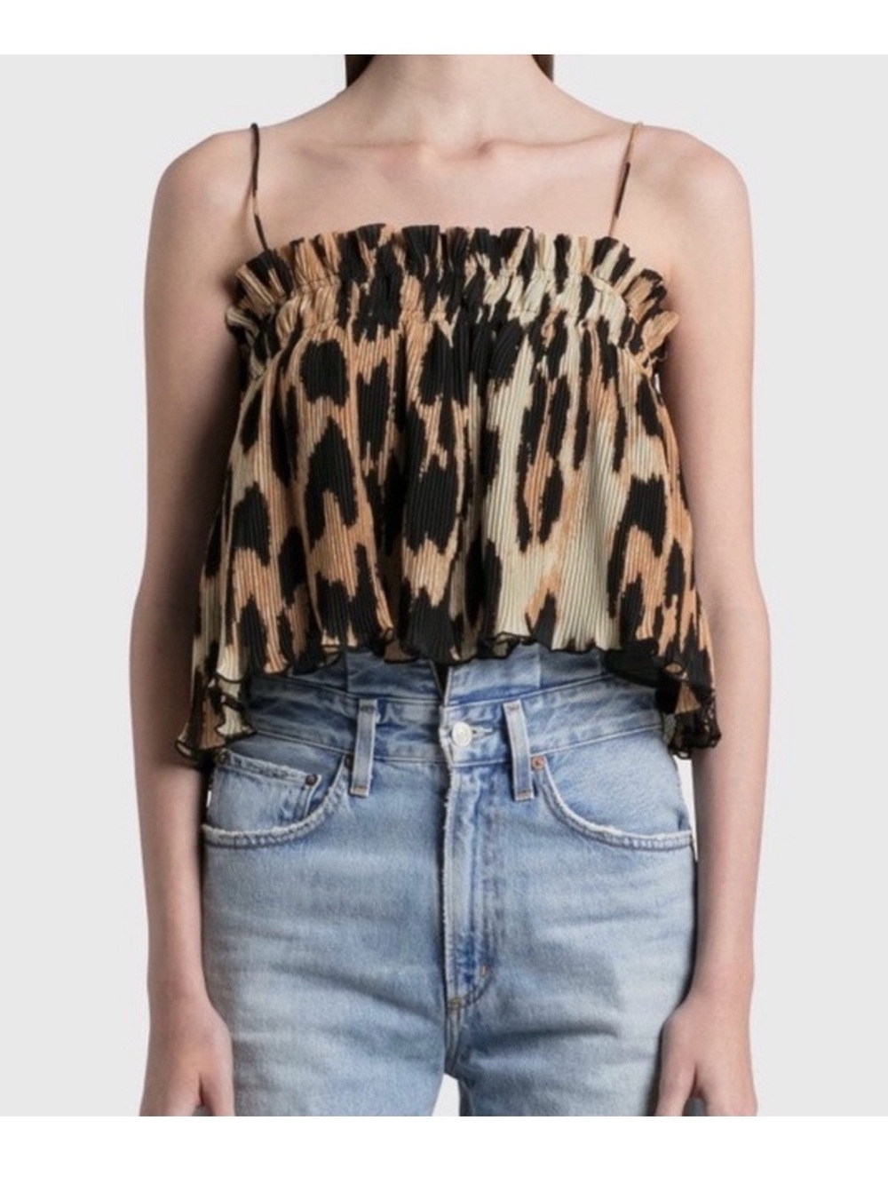 Ganni Smocked Leopard Print Camisole Tank Top - leopard georgette swing tank
